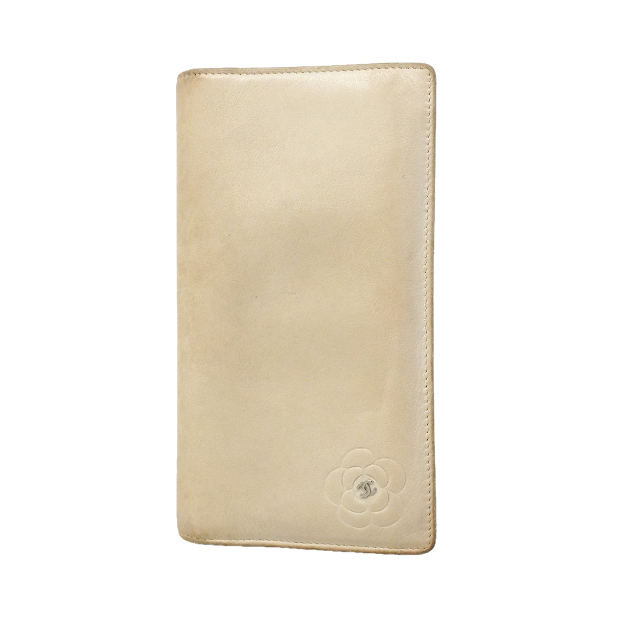 【6hf6230】シャネル 長財布 カメリア レザー ベージュ シルバー金具【中古】レディース