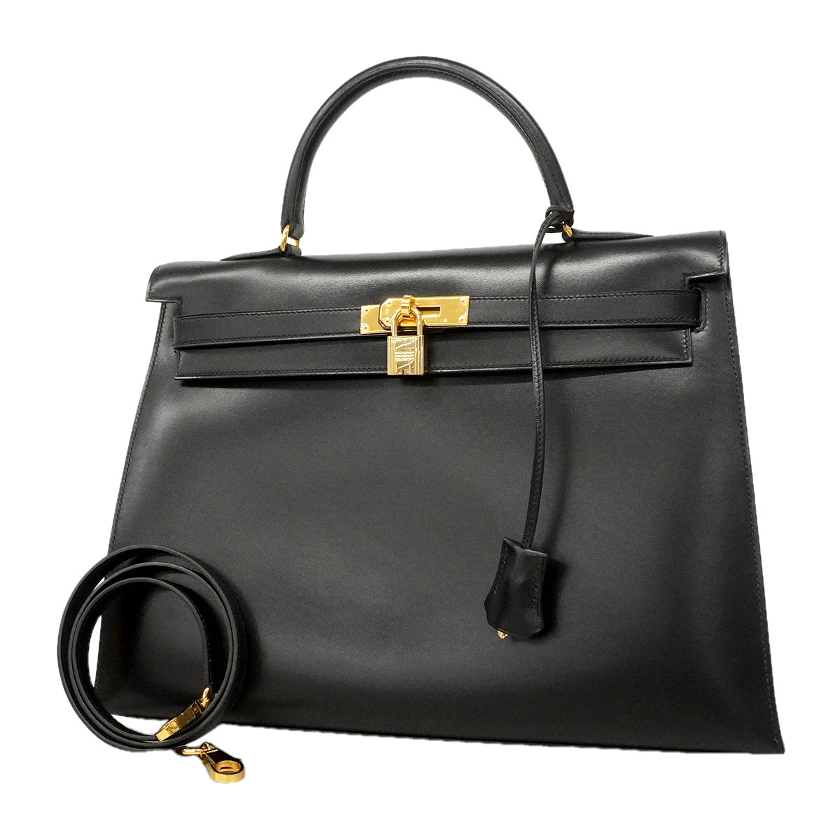【6hf6348】エルメス ハンドバッグ ケリー35 ボックスカーフ ブラック ゴールド金具 □C刻印 2wayバッグ【中古】レディース
