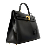 【6hf6348】エルメス ハンドバッグ ケリー35 ボックスカーフ ブラック ゴールド金具 □C刻印 2wayバッグ【中古】レディース