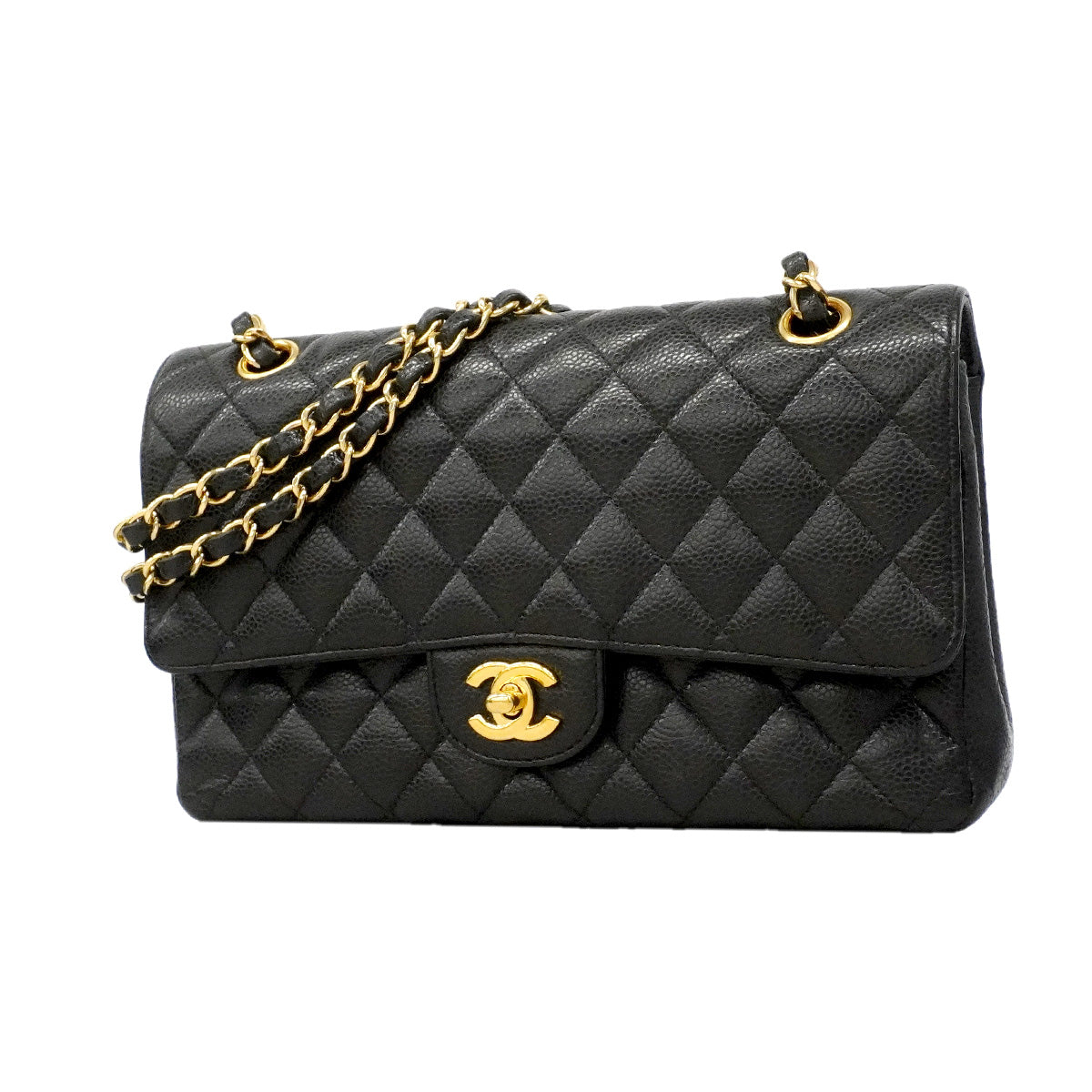 【6hf6349】シャネル ショルダーバッグ マトラッセ Wフラップ Wチェーン キャビアスキン ブラック ゴールド金具【中古】レディース