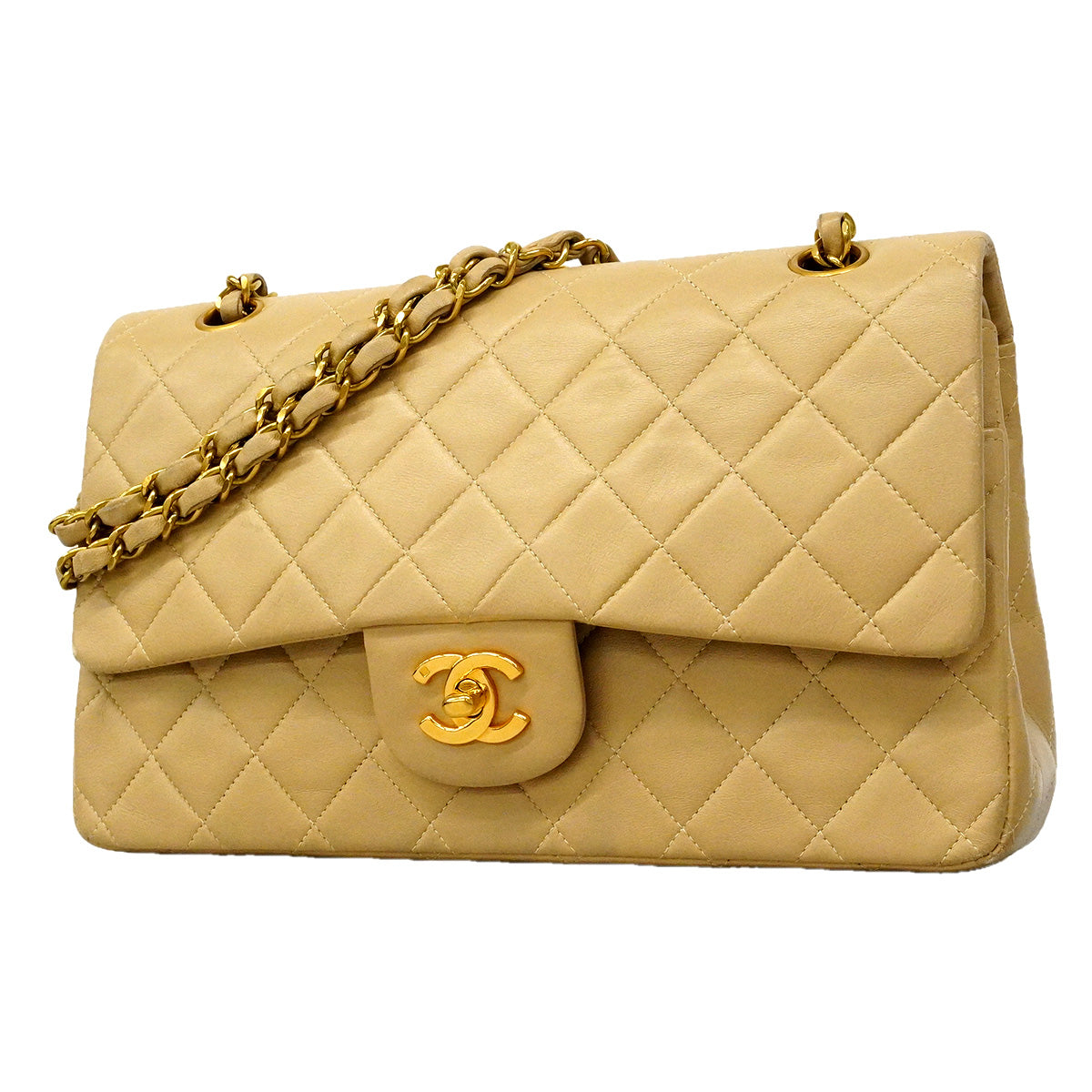 【6hf6352】シャネル ショルダーバッグ マトラッセ Wフラップ Wチェーン ラムスキン ベージュ ゴールド金具【中古】レディース