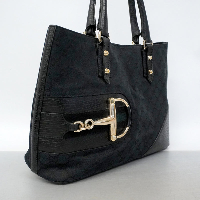 【6hf6359-k】グッチ トートバッグ GGキャンバス ホースビット 137385 キャンバス ブラック ゴールド金具【中古】レディース