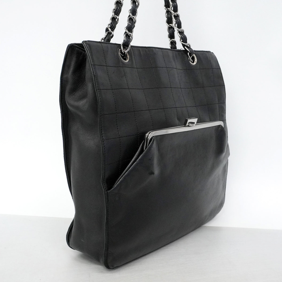 【6hf6417】シャネル チェーントート チョコバー ラムスキン ブラック シルバー金具【中古】レディース