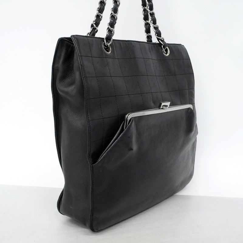 【6hf6417】シャネル チェーントート チョコバー ラムスキン ブラック シルバー金具【中古】レディース