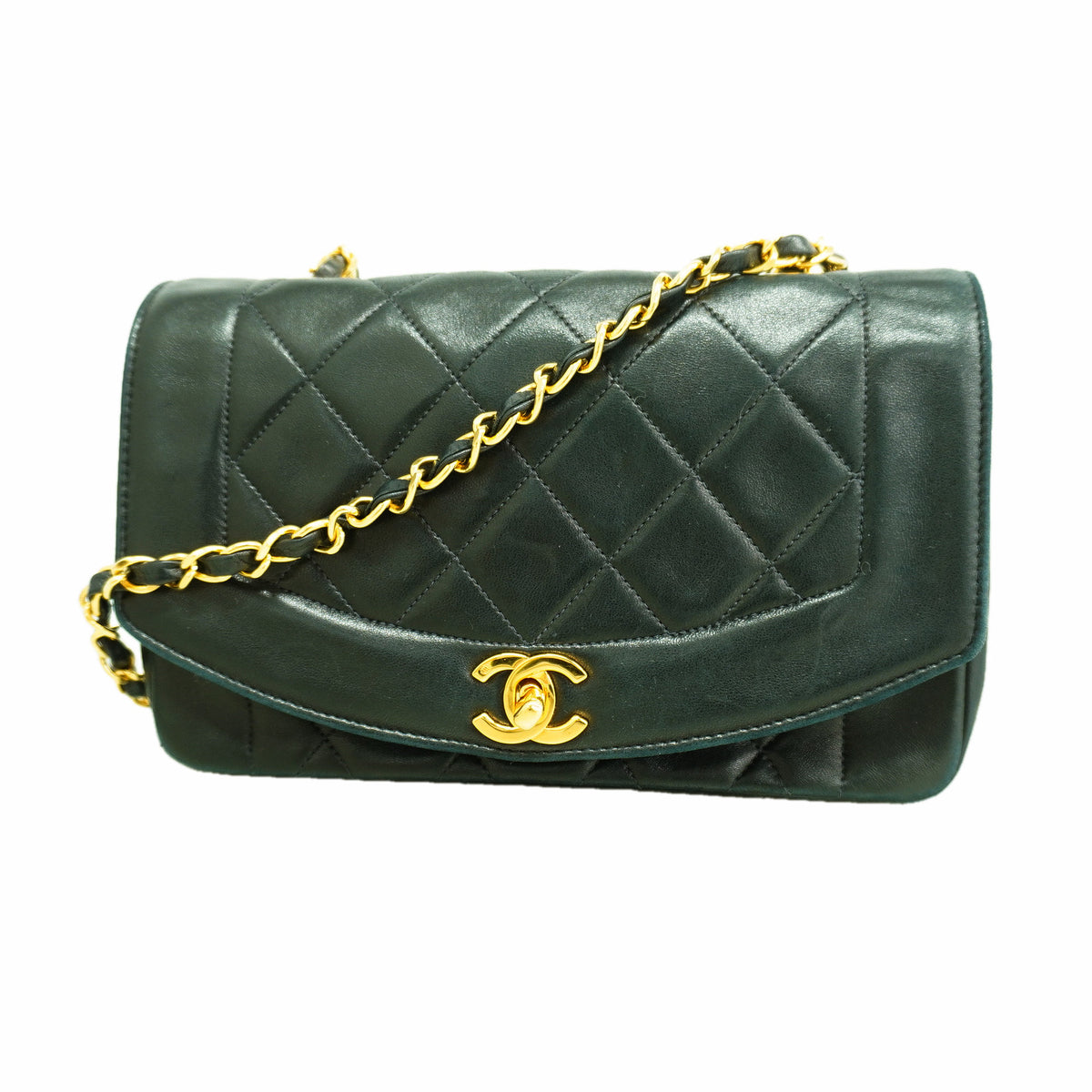【6hf6437】シャネル ショルダーバッグ ダイアナ チェーンショルダー ラムスキン ブラック ゴールド金具【中古】レディース