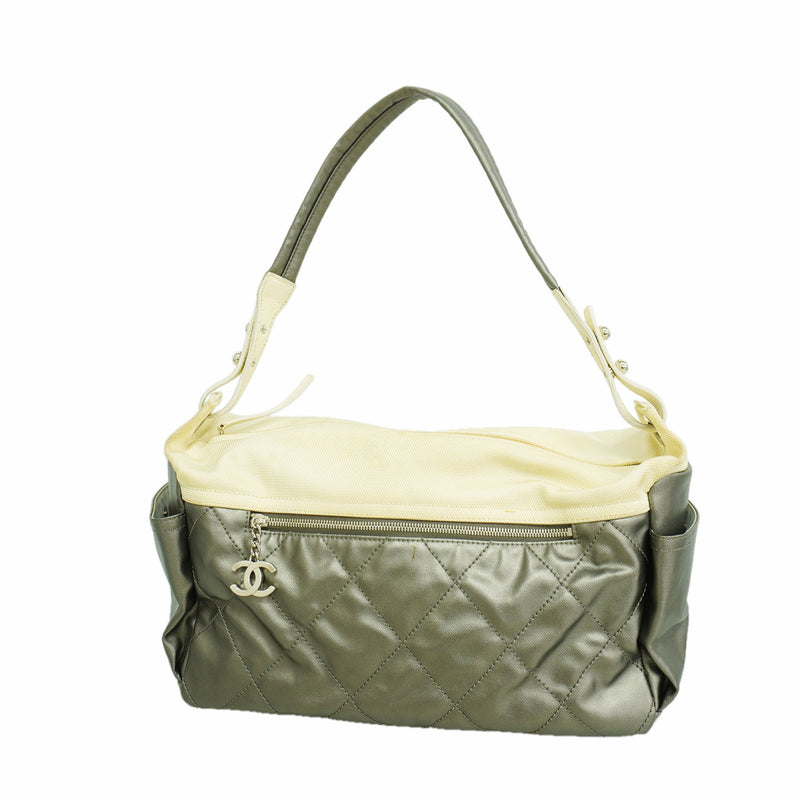 【6hf6438】シャネル ショルダーバッグ パリビアリッツ コーティングキャンバス グレー シルバー金具【中古】レディース