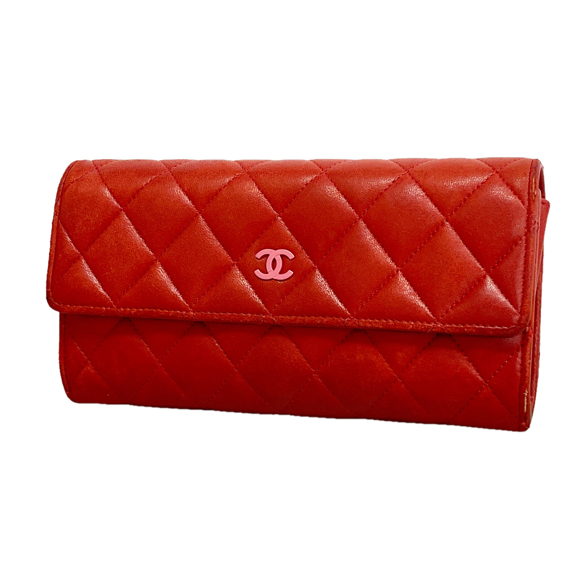 【6hf6454】シャネル 長財布 マトラッセ ラムスキン レッド シルバー金具【中古】レディース