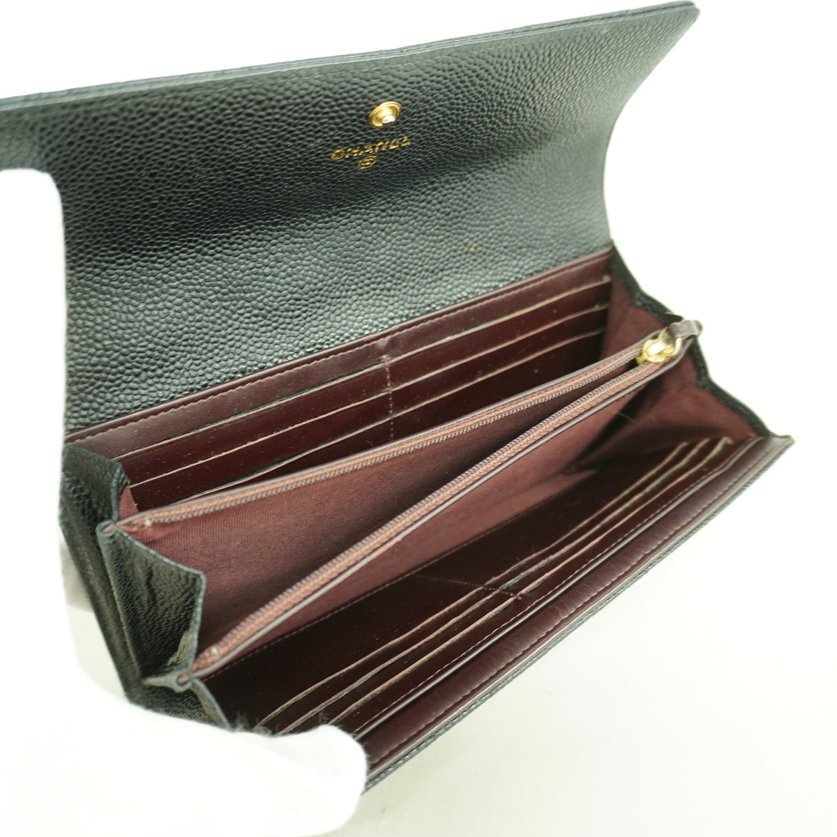 【6ia0054】シャネル 長財布 マトラッセ キャビアスキン ブラック ゴールド金具【中古】レディース