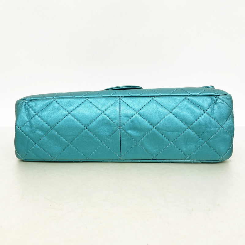 【6ia0176】シャネル ショルダーバッグ 2.55/マトラッセ Wフラップ Wチェーン レザー メタリックブルー シルバー金具【中古】レディース