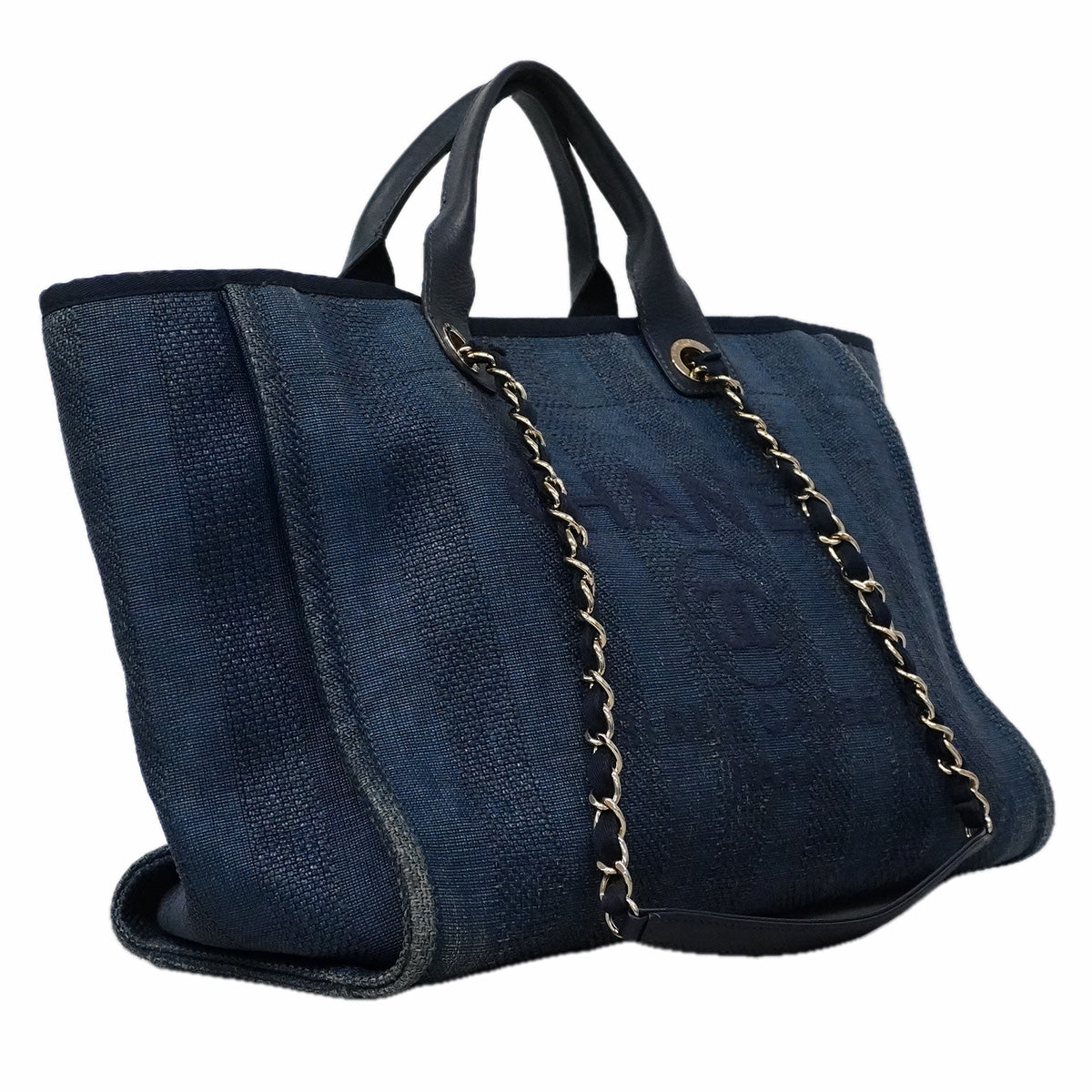 【6ia0190】シャネル チェーントート ドーヴィル ツイード ネイビー シャンパンゴールド金具 2wayバッグ【中古】レディース