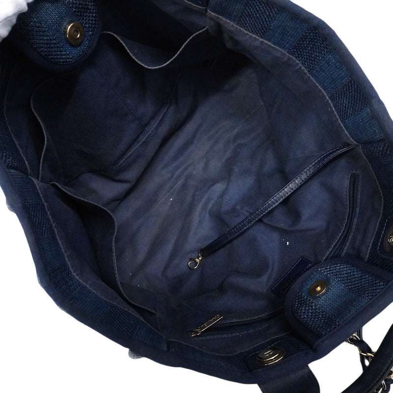 【6ia0190】シャネル チェーントート ドーヴィル ツイード ネイビー シャンパンゴールド金具 2wayバッグ【中古】レディース