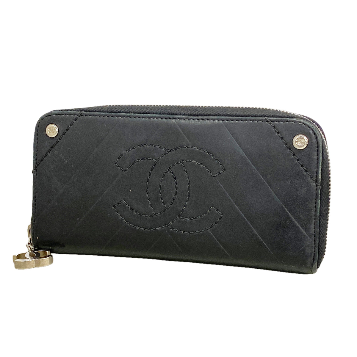 【6ia0232】シャネル 長財布 Vステッチ ラムスキン ブラック シルバー金具【中古】レディース