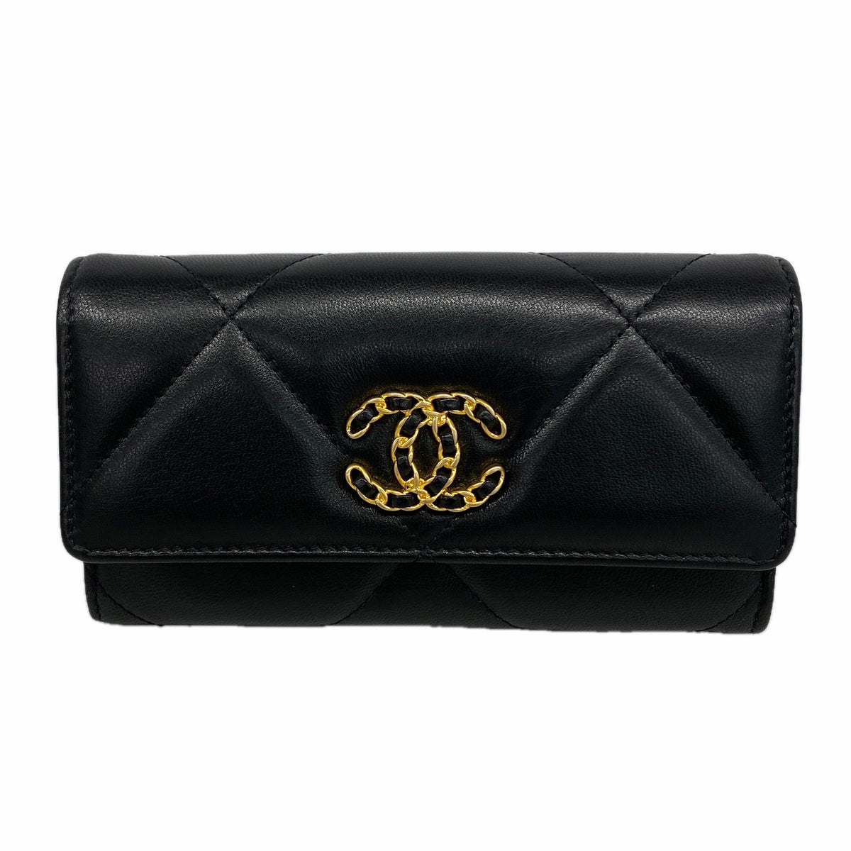 【6ia0448】シャネル 財布 シャネル19 ラムスキン ブラック ゴールド金具【中古】レディース