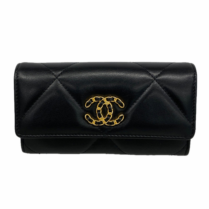 【6ia0448】シャネル 財布 シャネル19 ラムスキン ブラック ゴールド金具【中古】レディース