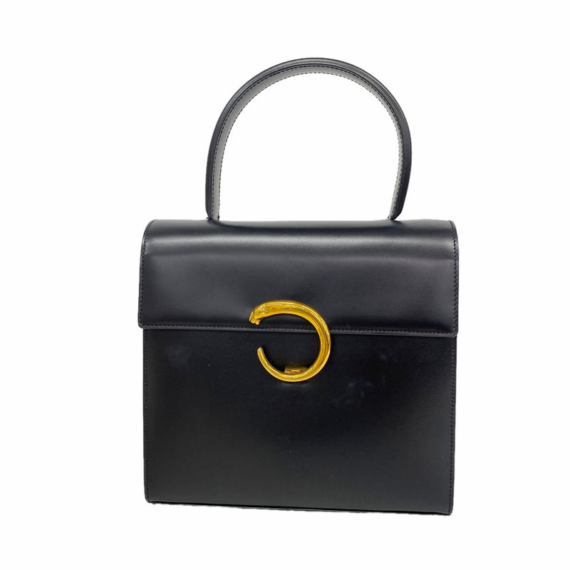 【6ia0460】カルティエ ハンドバッグ パンテール レザー ブラック ゴールド金具【中古】レディース