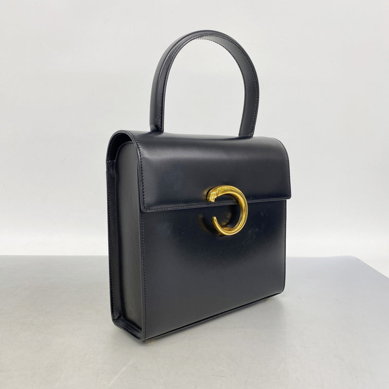 【6ia0460】カルティエ ハンドバッグ パンテール レザー ブラック ゴールド金具【中古】レディース