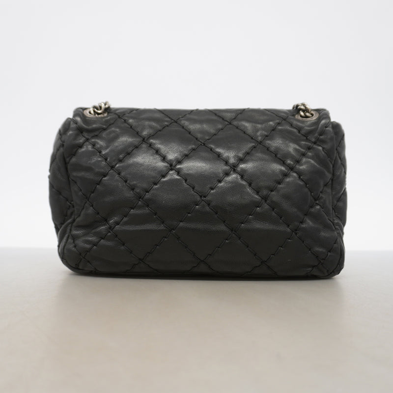 【6ia0544】シャネル ショルダーバッグ ワイルドステッチ Wチェーン レザー ブラック シルバー金具【中古】レディース