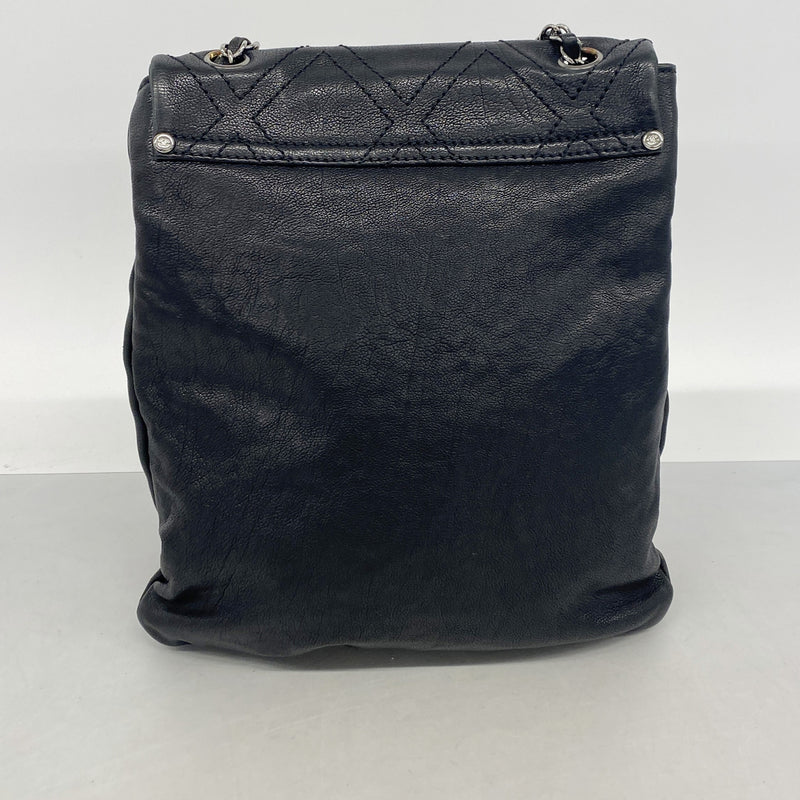 【6ia0587】シャネル ショルダーバッグ Wチェーン レザー ブラック シルバー金具【中古】レディース