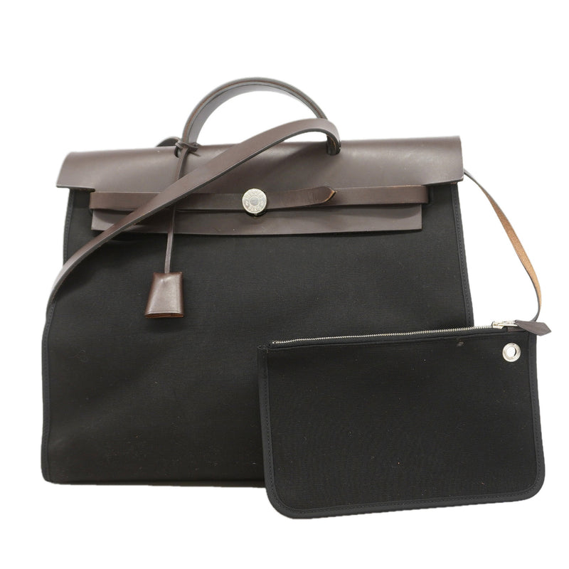 【6ia0593】エルメス ハンドバッグ エールバッグジップMM トワルオフィシエ ブラック ブラウン シルバー金具 □Q刻印 2wayバッグ【中古】レディース