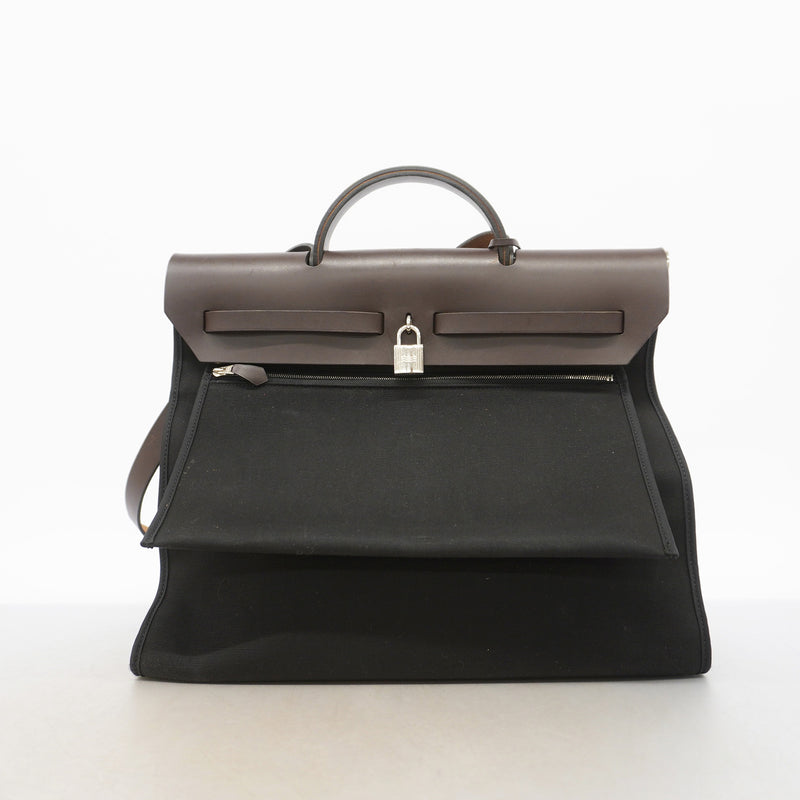 【6ia0593】エルメス ハンドバッグ エールバッグジップMM トワルオフィシエ ブラック ブラウン シルバー金具 □Q刻印 2wayバッグ【中古】レディース