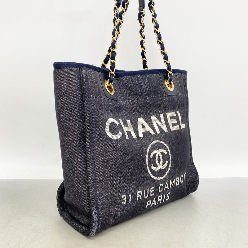 【6ia0606-k】シャネル チェーントート ドーヴィル デニム ネイビー ゴールド金具【中古】レディース