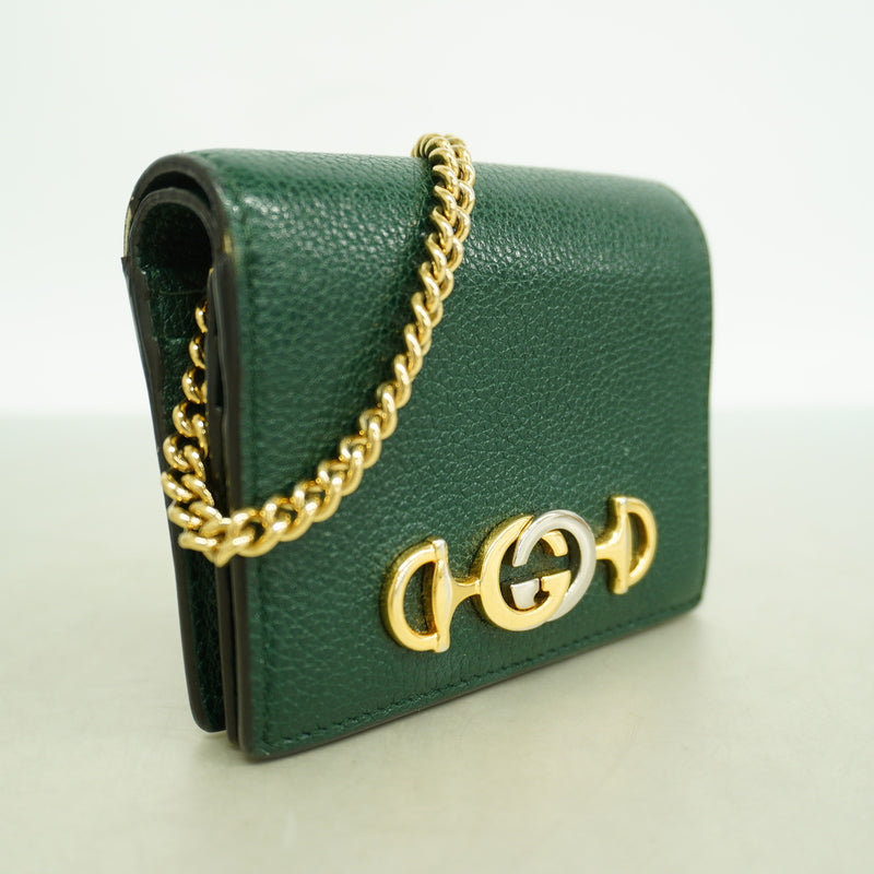 【6ia0683-k】グッチ 財布 ズゥミ 570660 レザー グリーン ゴールド/シルバー金具【中古】レディース