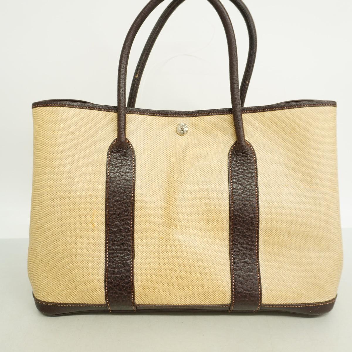 【6ia0809-h】エルメス トートバッグ ガーデンパーティPM トワルアッシュ ブラウン シルバー金具 □F刻印【中古】レディース