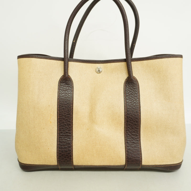 【6ia0809-h】エルメス トートバッグ ガーデンパーティPM トワルアッシュ ブラウン シルバー金具 □F刻印【中古】レディース