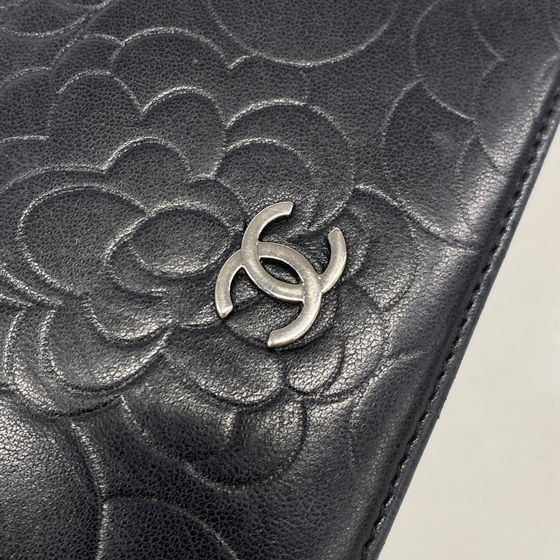 【6ia0822】シャネル 長財布 カメリア ラムスキン ブラック シルバー金具【中古】レディース