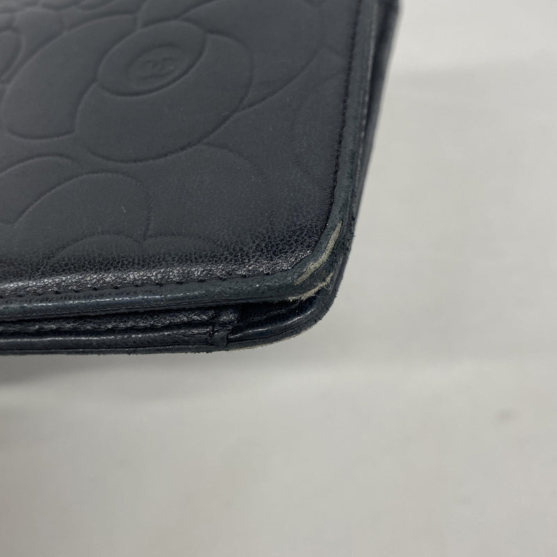 【6ia0822】シャネル 長財布 カメリア ラムスキン ブラック シルバー金具【中古】レディース