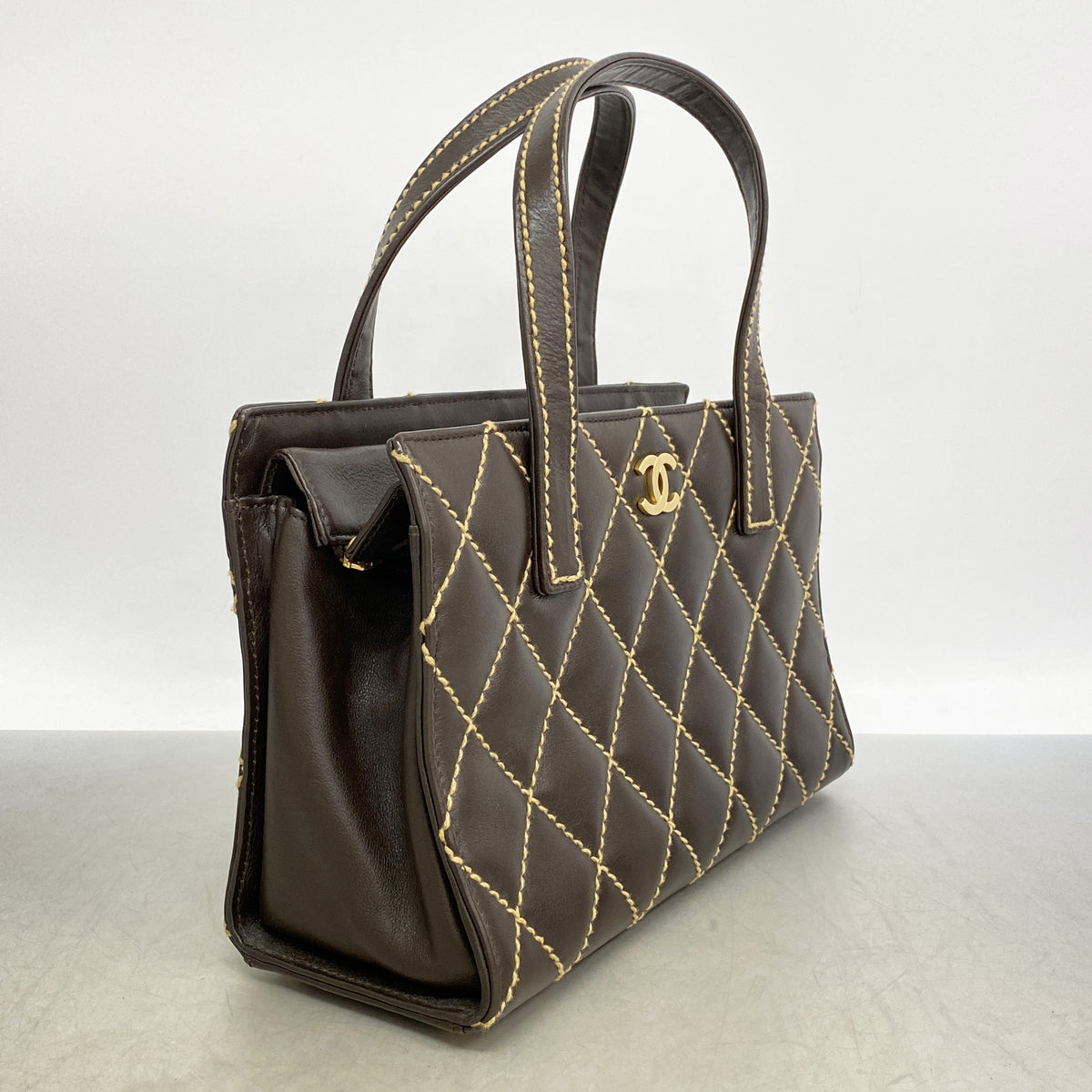 【6ia0877】シャネル トートバッグ ワイルドステッチ レザー ブラウン ゴールド金具【中古】レディース
