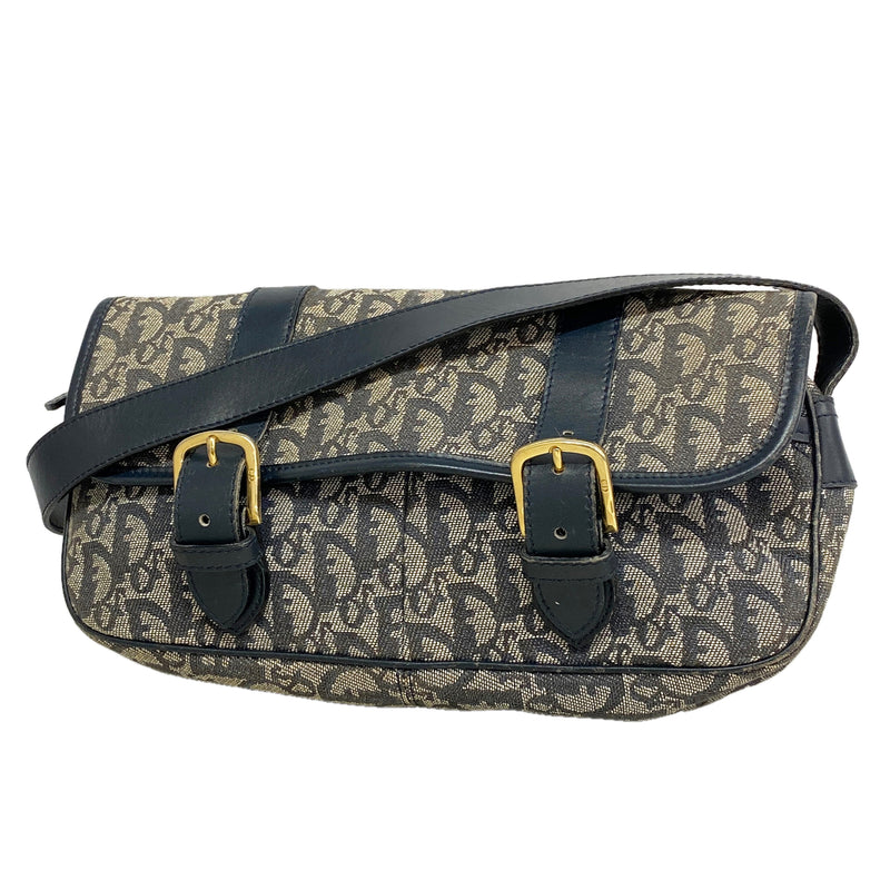 【6ia0948】クリスチャンディオール ショルダーバッグ トロッター キャンバス ネイビー ゴールド金具【中古】レディース
