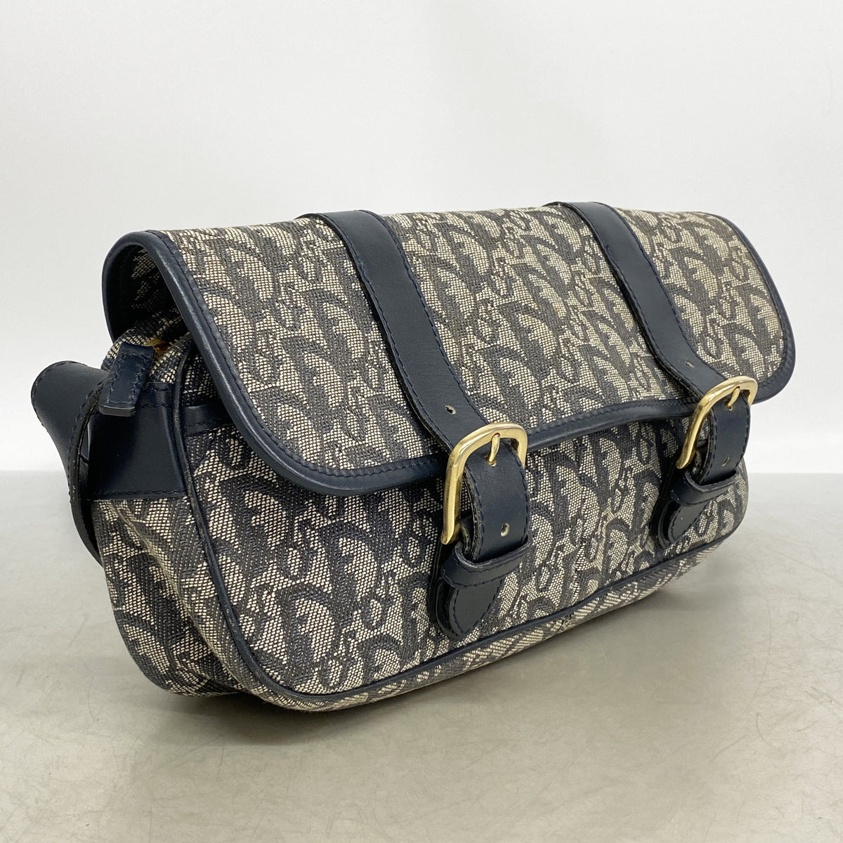 【6ia0948】クリスチャンディオール ショルダーバッグ トロッター キャンバス ネイビー ゴールド金具【中古】レディース