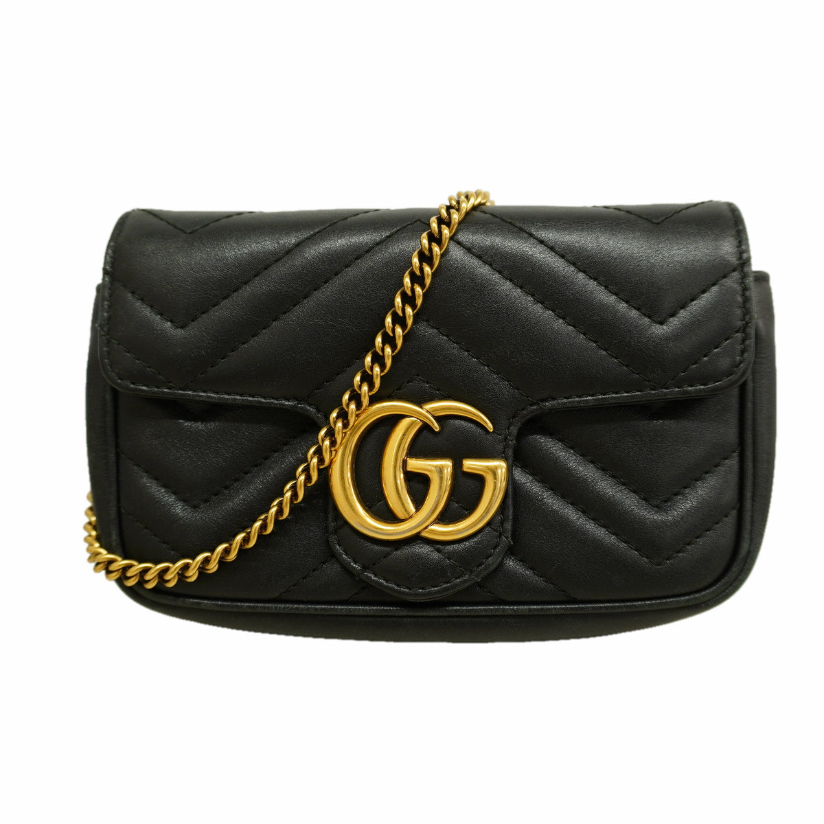 【6ia0978】グッチ ショルダーバッグ GGマーモント 476433 レザー ブラック ゴールド金具【中古】レディース