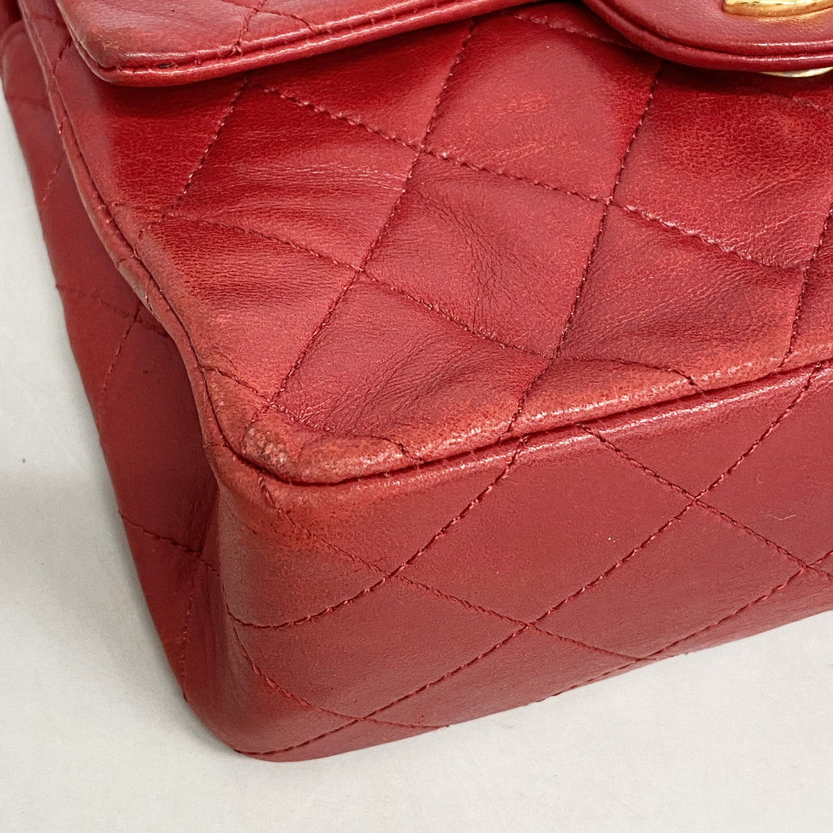 【6ia0986】シャネル ショルダーバッグ ミニマトラッセ チェーンショルダー ラムスキン レッド ゴールド金具【中古】レディース