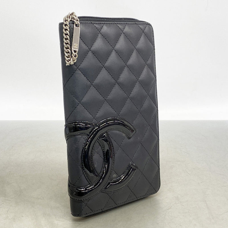 【6ia1029】シャネル 長財布 カンボン ラムスキン ブラック シルバー金具【中古】レディース