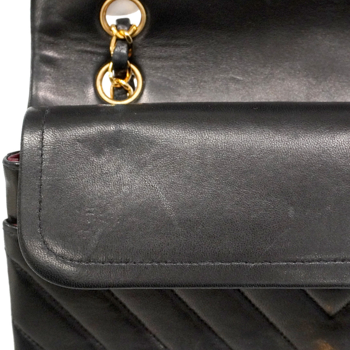 【6ia1078】シャネル ショルダーバッグ Vステッチ Wフラップ Wチェーン ラムスキン ブラック ゴールド金具【中古】レディース