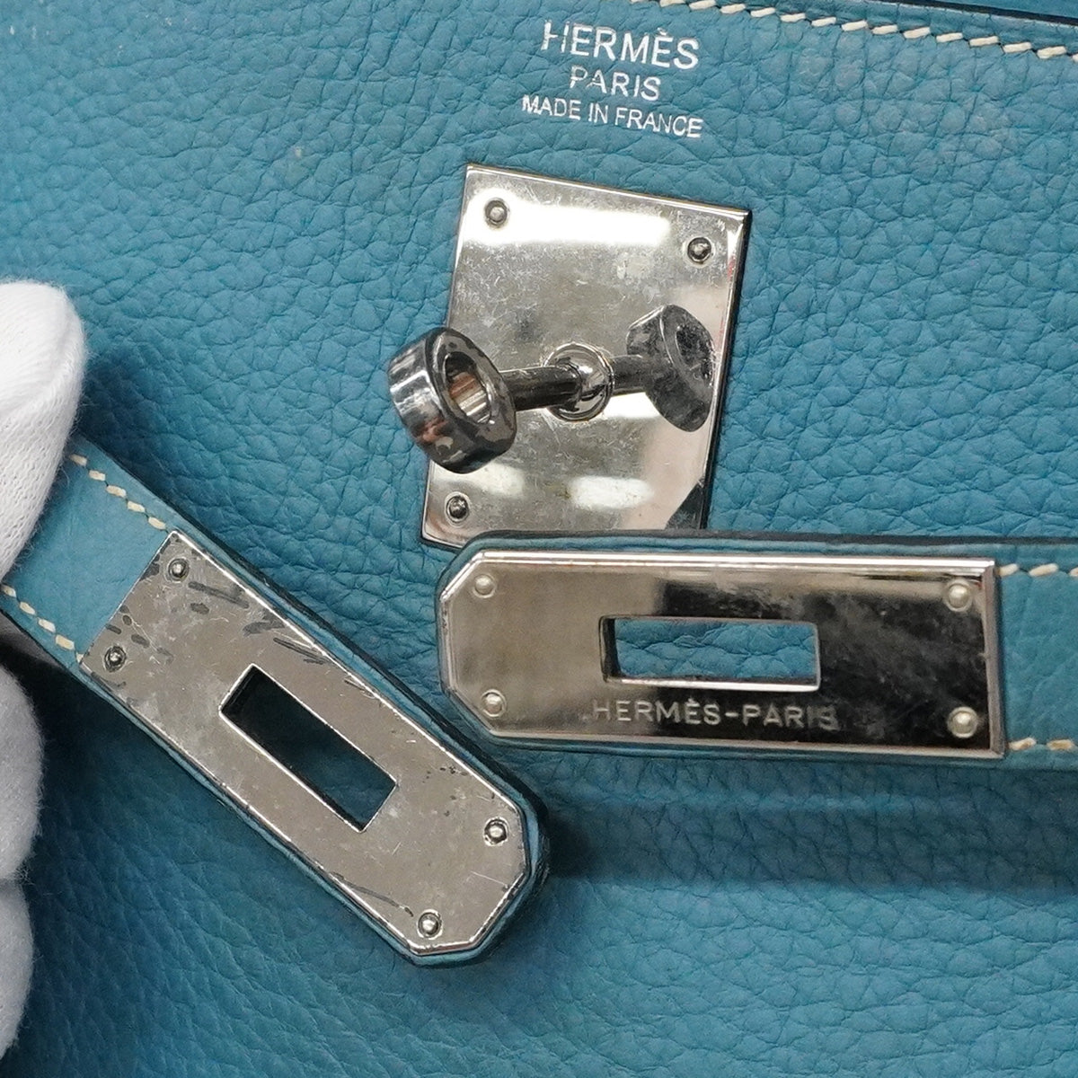【6ia1104】エルメス ハンドバッグ ケリー32 トリヨンクレマンス ブルージーン シルバー金具 □N刻印 2wayバッグ【中古】レディース