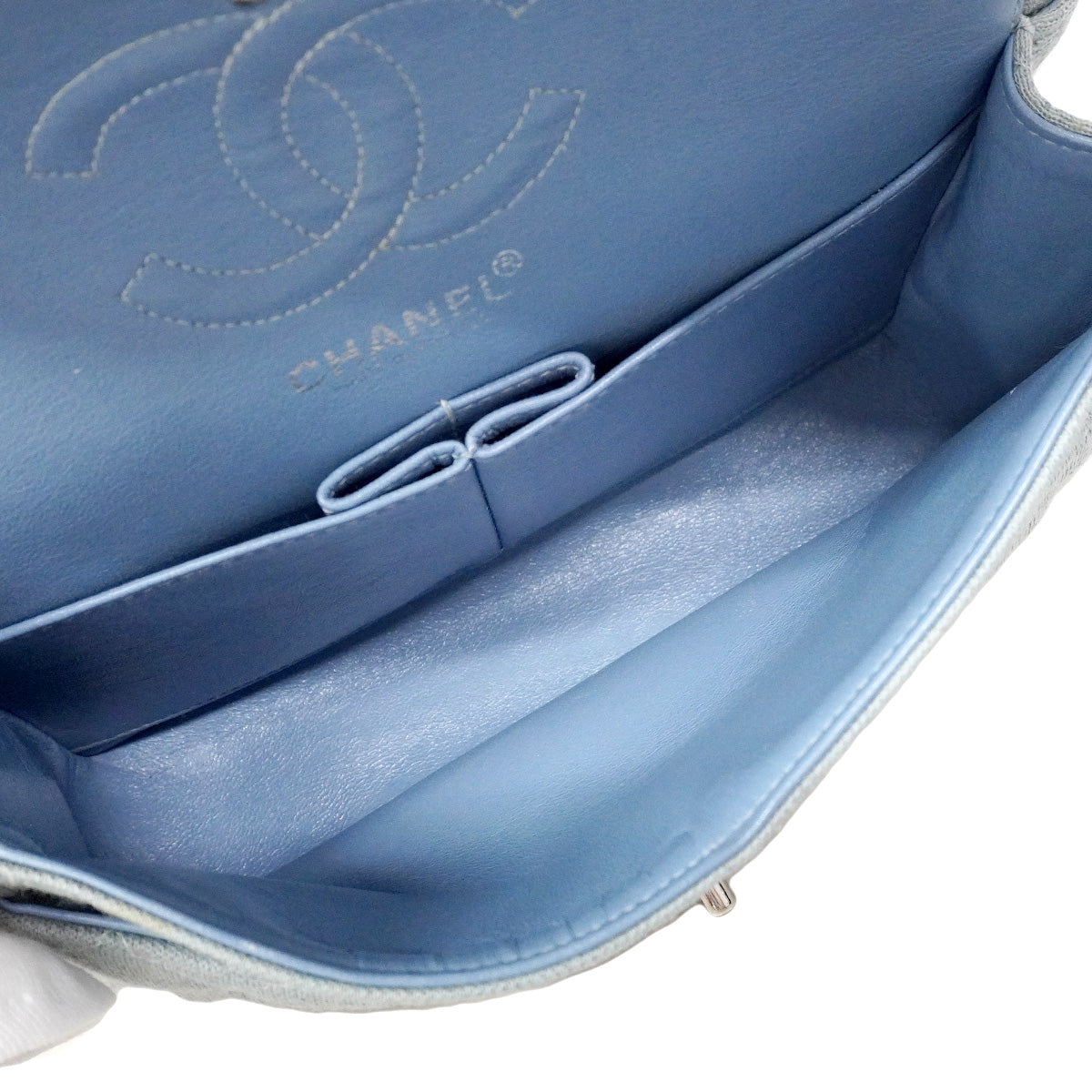 【6ia1135】シャネル ショルダーバッグ マトラッセ Wフラップ Wチェーン コットン ブルーグレー シルバー金具【中古】レディース