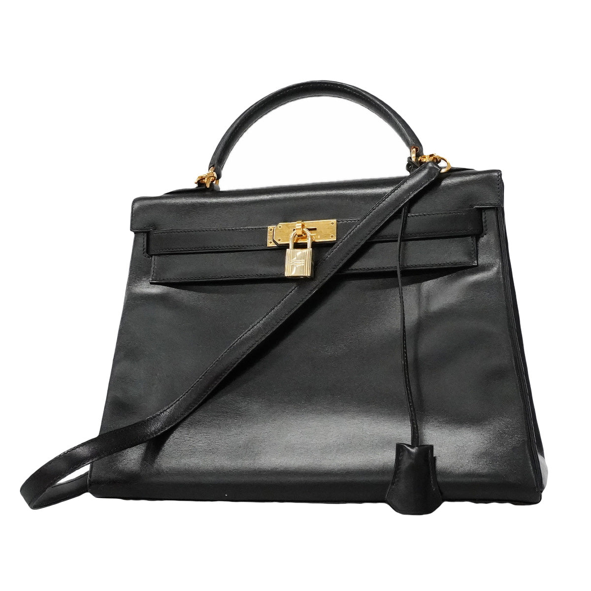 【6ia1142】エルメス ハンドバッグ ケリー32 ボックスカーフ ブラック ゴールド金具 ○W刻印 2wayバッグ【中古】レディース
