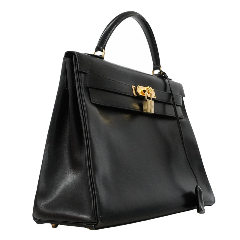 【6ia1142】エルメス ハンドバッグ ケリー32 ボックスカーフ ブラック ゴールド金具 ○W刻印 2wayバッグ【中古】レディース