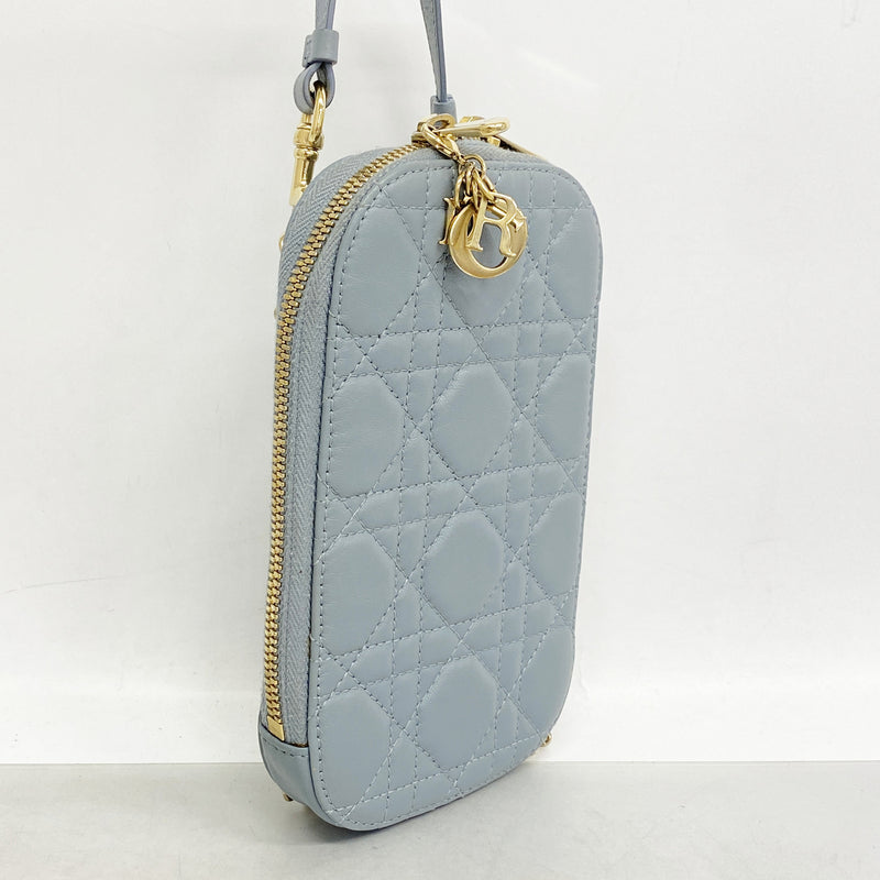 【6ia1178】クリスチャンディオール ショルダーバッグ カナージュ レザー ブルー シャンパンゴールド金具【中古】レディース