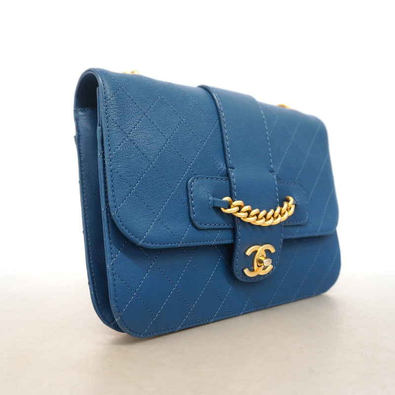 【6ib1398】シャネル ショルダーバッグ マトラッセ チェーンショルダー レザー ブルー ゴールド金具【中古】レディース