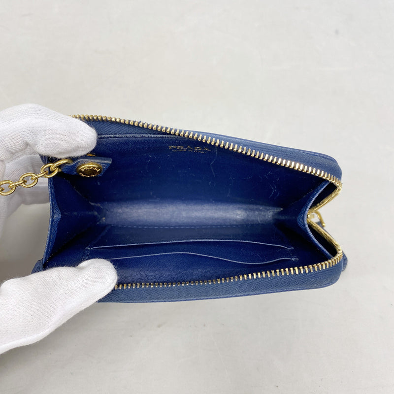 【6ib1478】プラダ コインケース サフィアーノ レザー ブルー ゴールド金具【中古】レディース