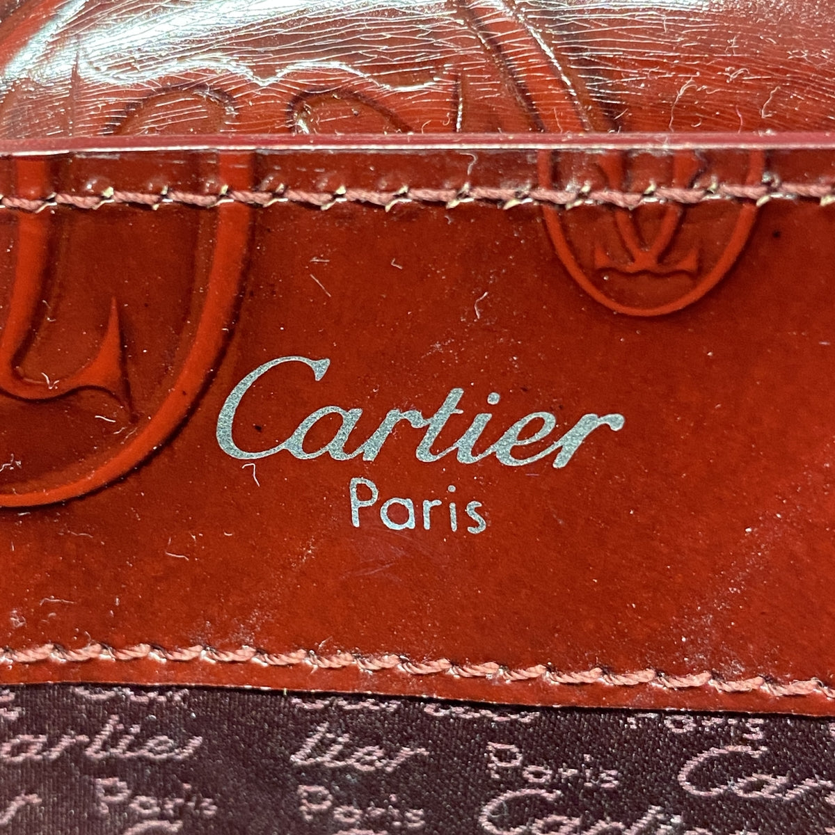 【6ib1494】カルティエ ハンドバッグ ハッピーバースデー パテントレザー ボルドー シルバー金具【中古】レディース
