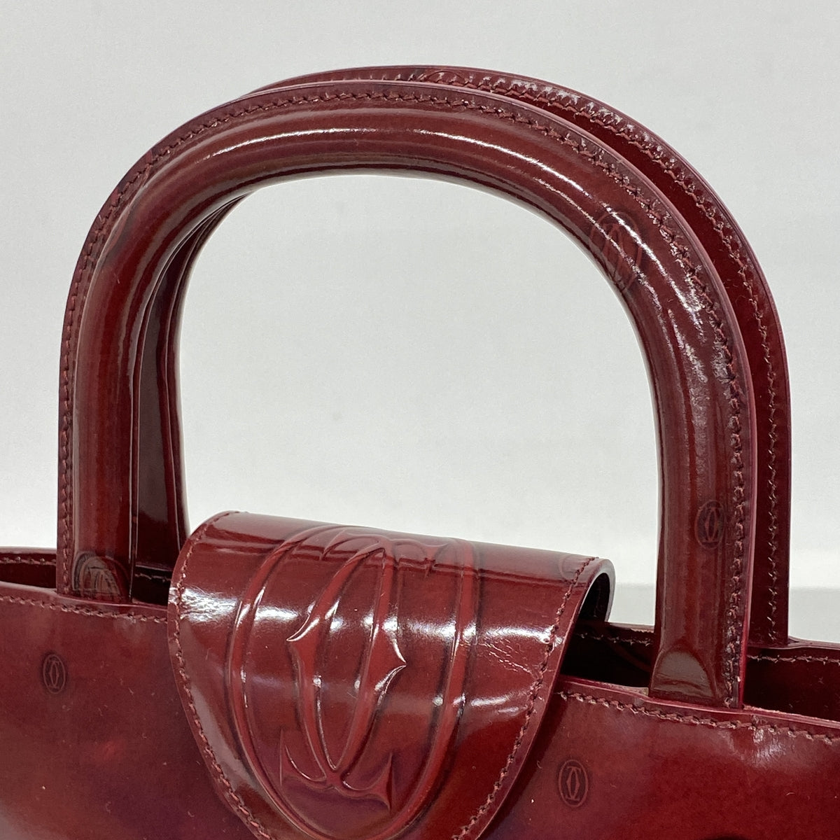 【6ib1494】カルティエ ハンドバッグ ハッピーバースデー パテントレザー ボルドー シルバー金具【中古】レディース
