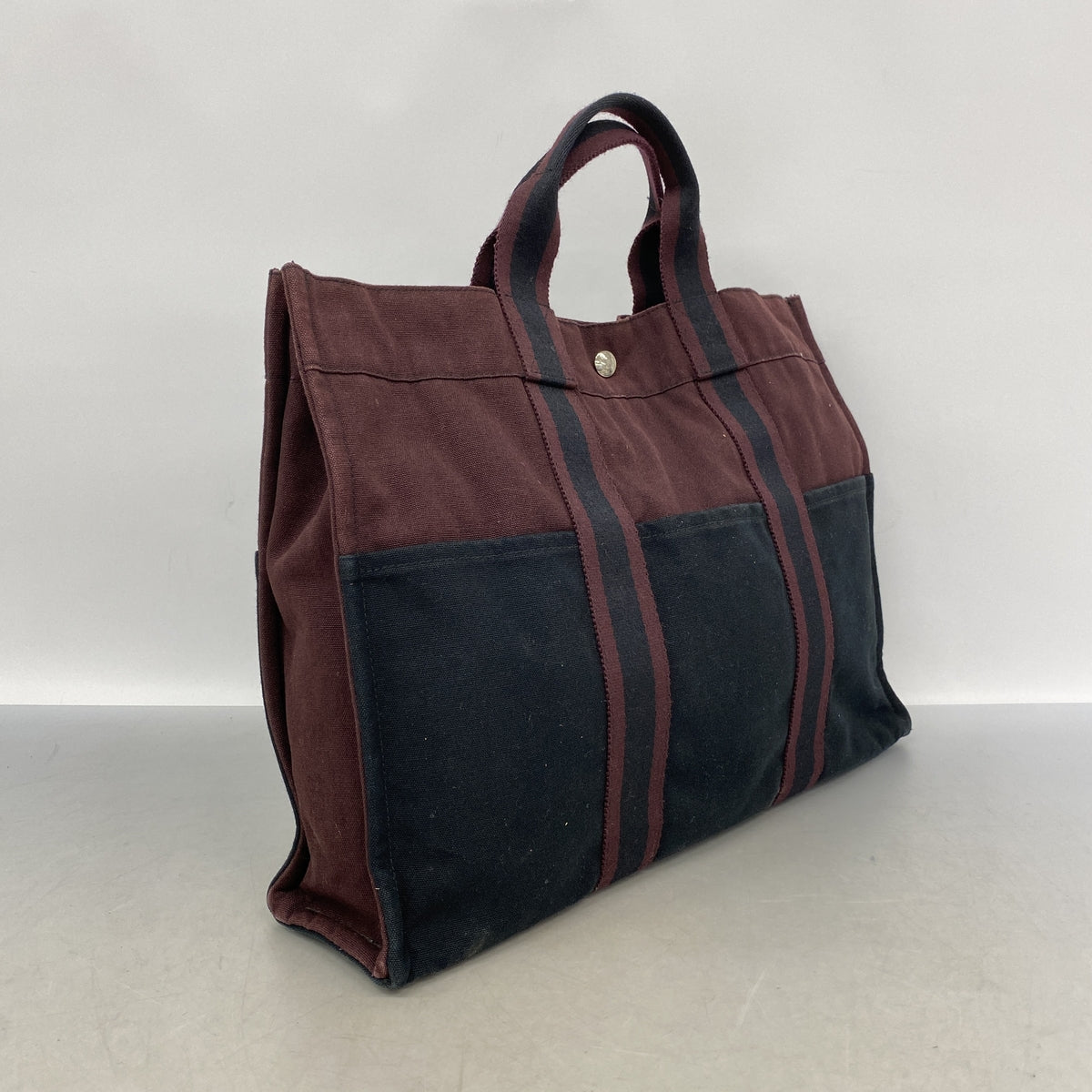 【6ib1564】エルメス トートバッグ フールトゥMM キャンバス ブラック ボルドー シルバー金具【中古】レディース