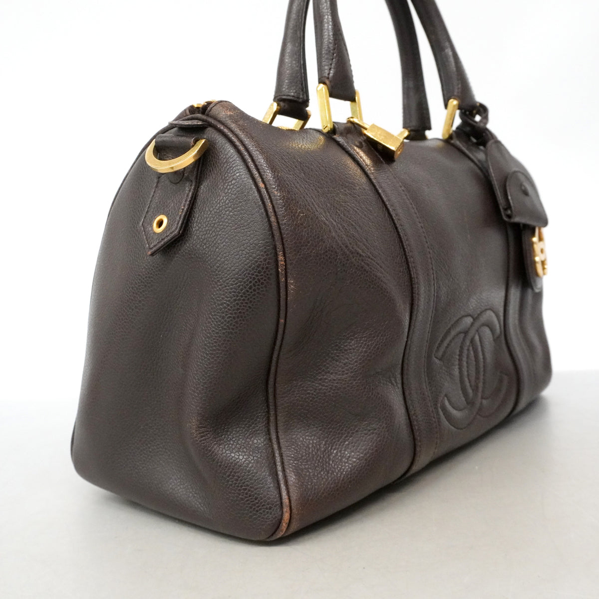 【6ib1587】シャネル ボストンバッグ キャビアスキン ブラウン ゴールド金具【中古】レディース