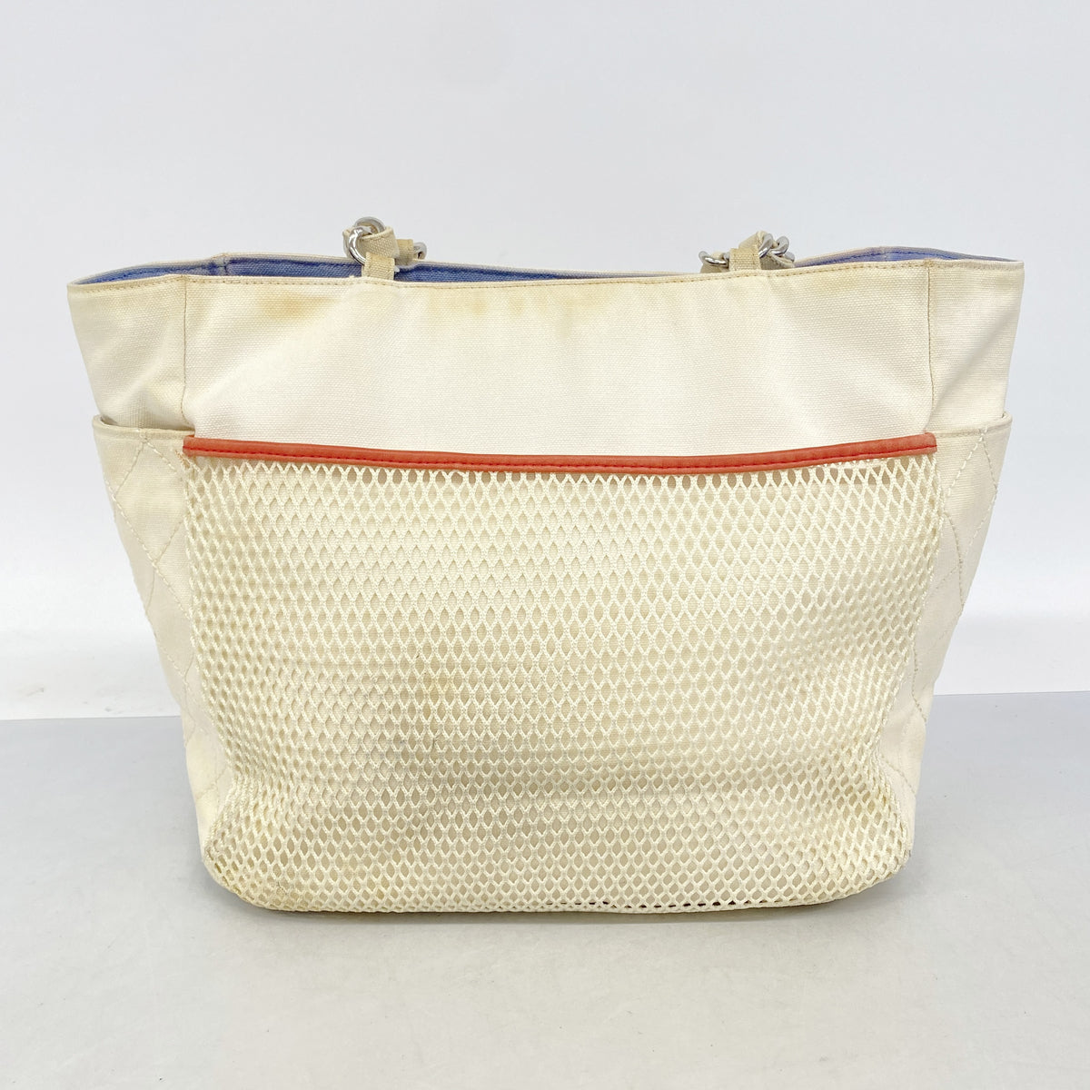 【6ib1675】シャネル チェーントート NO.5 キャンバス ホワイト ブルー シルバー金具【中古】レディース