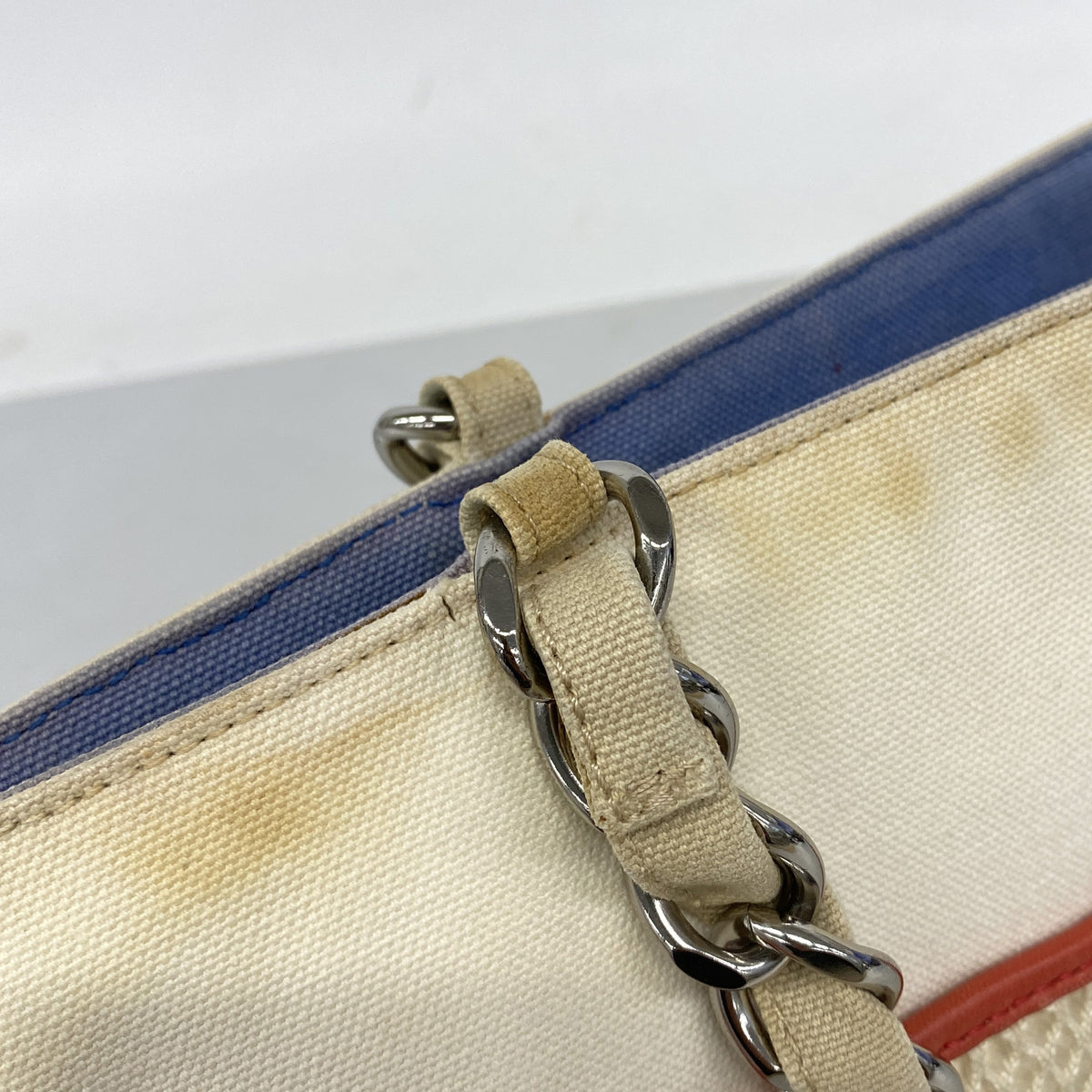 【6ib1675】シャネル チェーントート NO.5 キャンバス ホワイト ブルー シルバー金具【中古】レディース